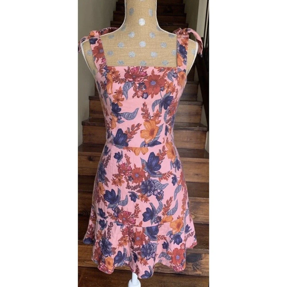 Finders Keepers Floral Twee Mini Dress Pink Linen Blend Square Neck Small Summer - Picture 2 of 16